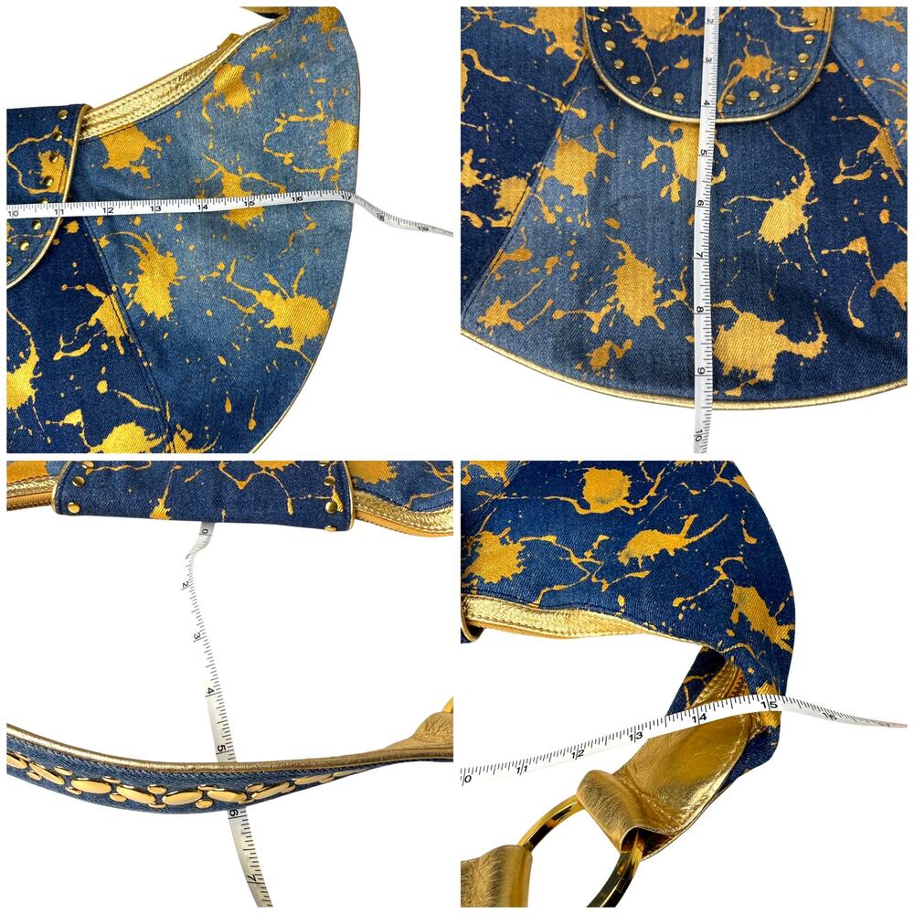Y2K Denim & Gold Metallic Shoulder Bag Boho Glam Streetwear Purse - Picture 8 of 16